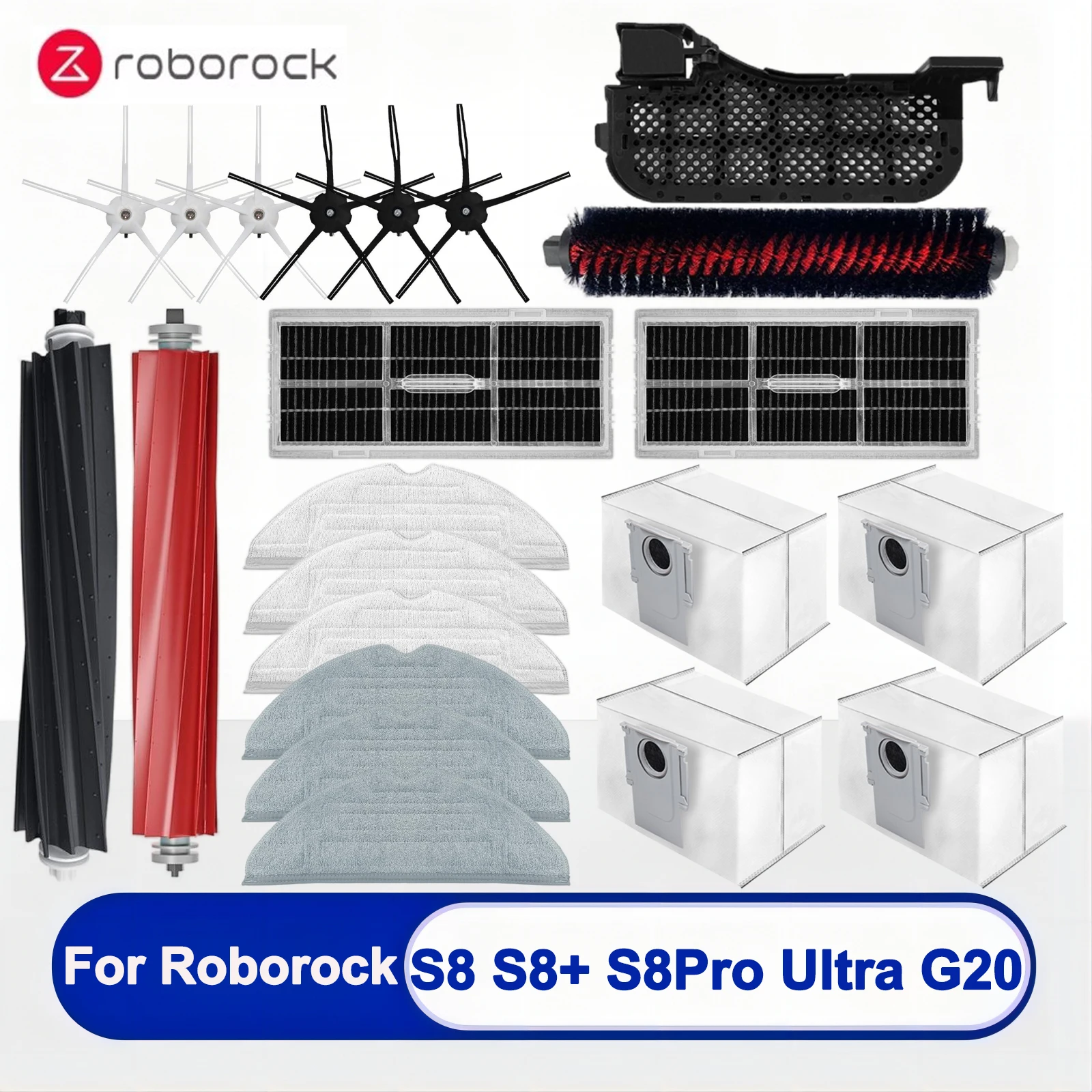 

Xiaomi Roborock G20，S8，S8+，S8PRO ULTRA Vacuum Cleaner Spare Parts：Roller Main Side Brush，Mop Rags，Hepa Filters，Dust Bag Optional