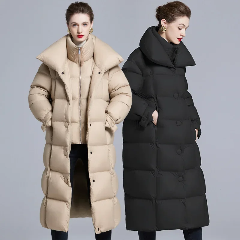 新しいヨーロッパスタイルの膝上丈レディースダウンジャケット、厚手カジュアルルーズホワイトダックダウンアウターコート