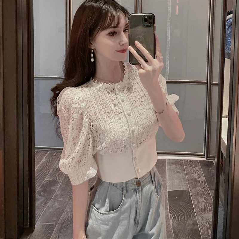 Spitze Shirts Frauen S-3XL Design Einfache Crop Alle-match Sexy Schlank Reine Atmungsaktive Puff Hülse Französisch Stil Femme Retro chic Elegante