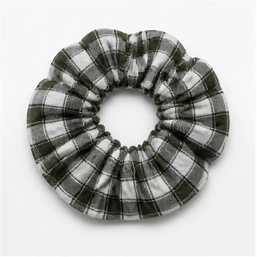 Green White Gingham Large Scrunchie Handmade Elastic Hair Tie Voluminous Ponytail Holder Fashion Hair Accessory for