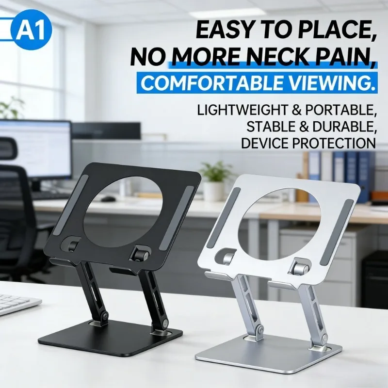 A1 Metal Tablet PC Stand Universal Foldable Ergonomic Adjustable Height Angle Stable Nonslip Silicone Pad Bracket for 7-13″ Flat