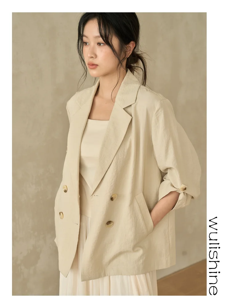 

Black Acetate Wool Casual Thin Suit for Women Summer Leisure Short Coat Single Layer Small Size W090 Glue Casual Style