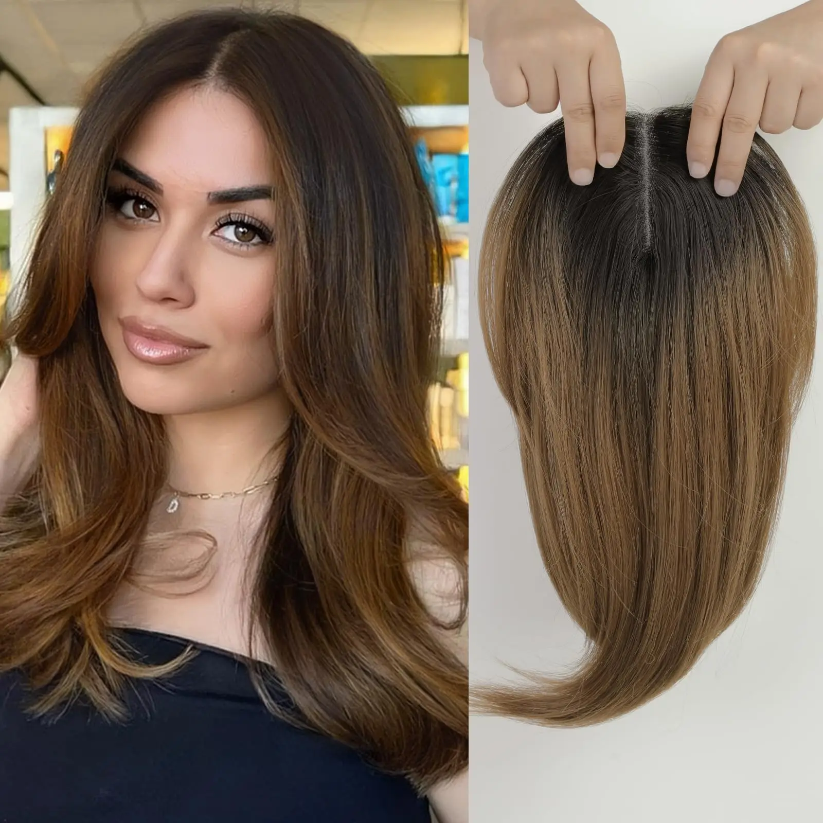 Women's Human Hair Topper Lace Middle Part With Bangs | 9x14inch 14-18inch Brazilian Hair Quality