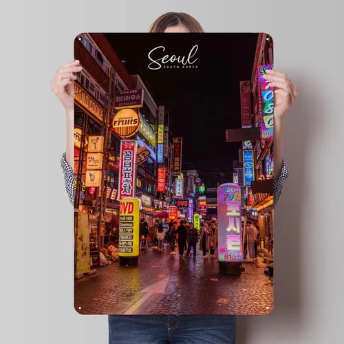 서울 도시 스카이라인 금속 포스터 벽 장식, 거실 빈티지 금속 주석 사인, 벽 아트 장식, 커피 바 홈