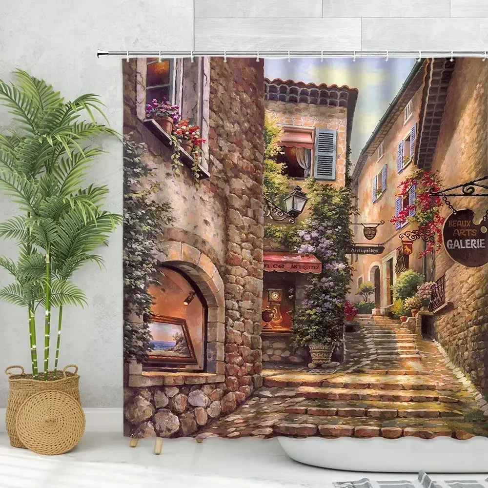 Retro European Town Shower Curtain Mediterranean Historical Building Old Street Scenery Stone Rock House Bathroom Curtain Hook