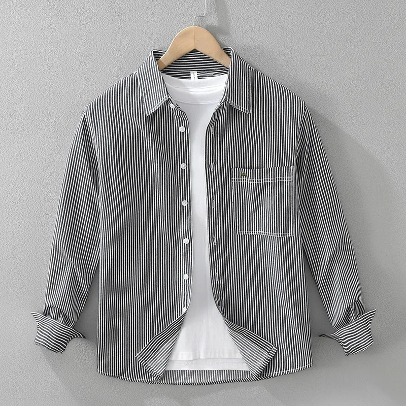 

Korean Style Mens Long Sleeve Shirts Spring Fall New Striped Shirts Male Daily Casual Lapel Pocket 100%Cotton Shirt High Quality