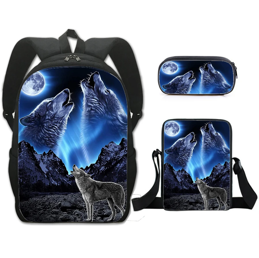 3pcs Animal Wolf Backpacks 16inch Printe Boys Girls Lightweight School Bags With Shoulder Bags Travel Fashion Mochilas