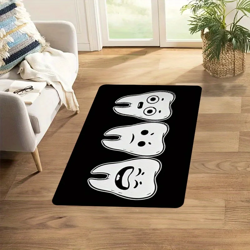 VIKAMA Cartoon Tooth Doormat Funny Expression Teeth Black‑White Print Non‑Slip Washable Entrance Mat Creative Home Decor Floor