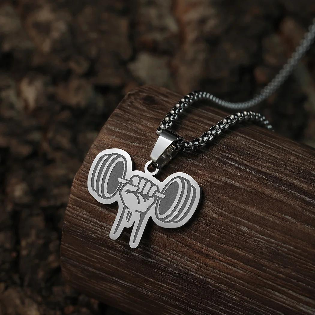 QIAMNI Weightlifting Pendant Dumbbell Necklace Bodybuilding Gym Stainless Steel Barbell Chain Choker Muscle Man Fitness Jewelry