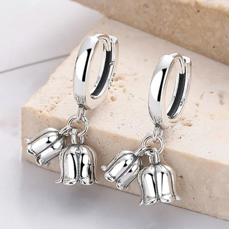 

Real Solid 925 Sterling Silver Hoop Women Lucky Double Bell Flower Dangle Earrings