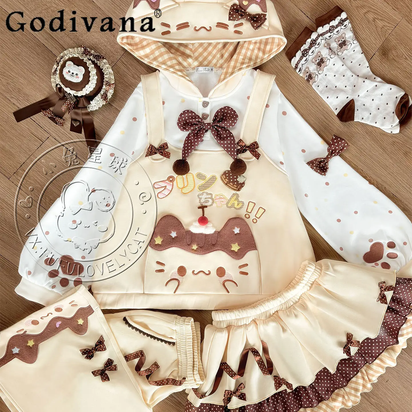 

Комплект одежды для дочки: толстовка с капюшоном и длинные брюки/юбка в стиле Y2K с мультяшным принтом, весна 2026, коллекция Original Soft Girl Kawaii