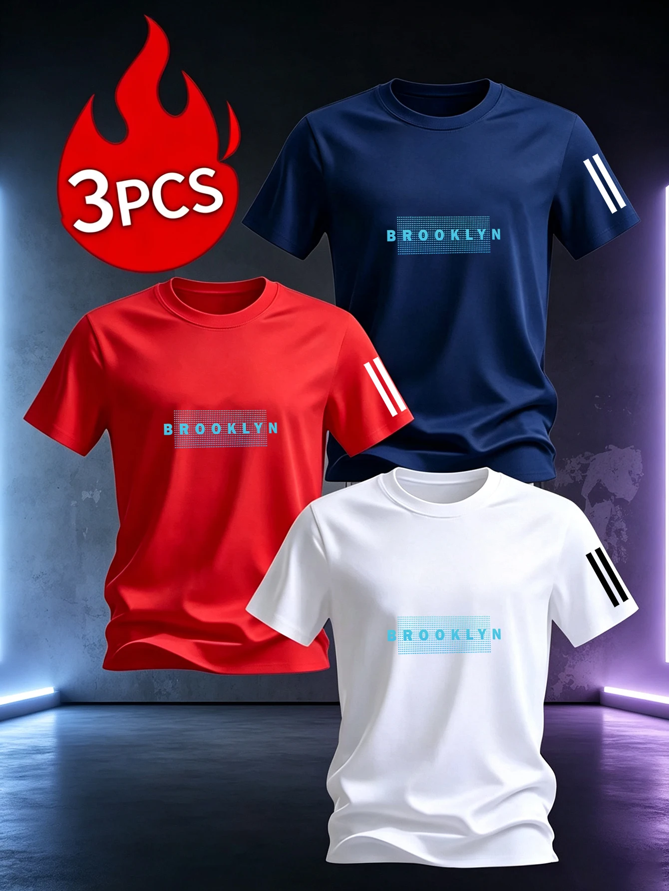 3PCS Men BROOKLYN Letter Print Crew Neck Short Sleeve T-Shirts Casual Daily Basic Tees