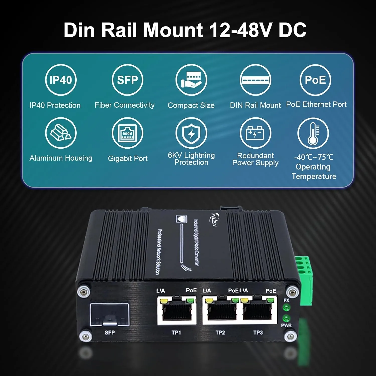 3-Port Mini Industrial Gigabit Ethernet Switch 10/100/1000Mbps RJ45, 100/1000Base-X SFP Port Din Rail Network Switch