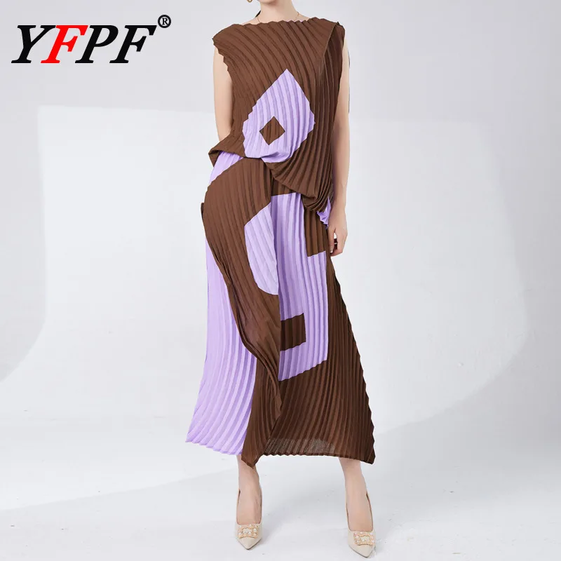 

YFPF Fashion Printing Pleated 2 Piece Set For Women Sleeveless Blouse + A Line Long Skirts Casual 2025 New Clothing 3A195