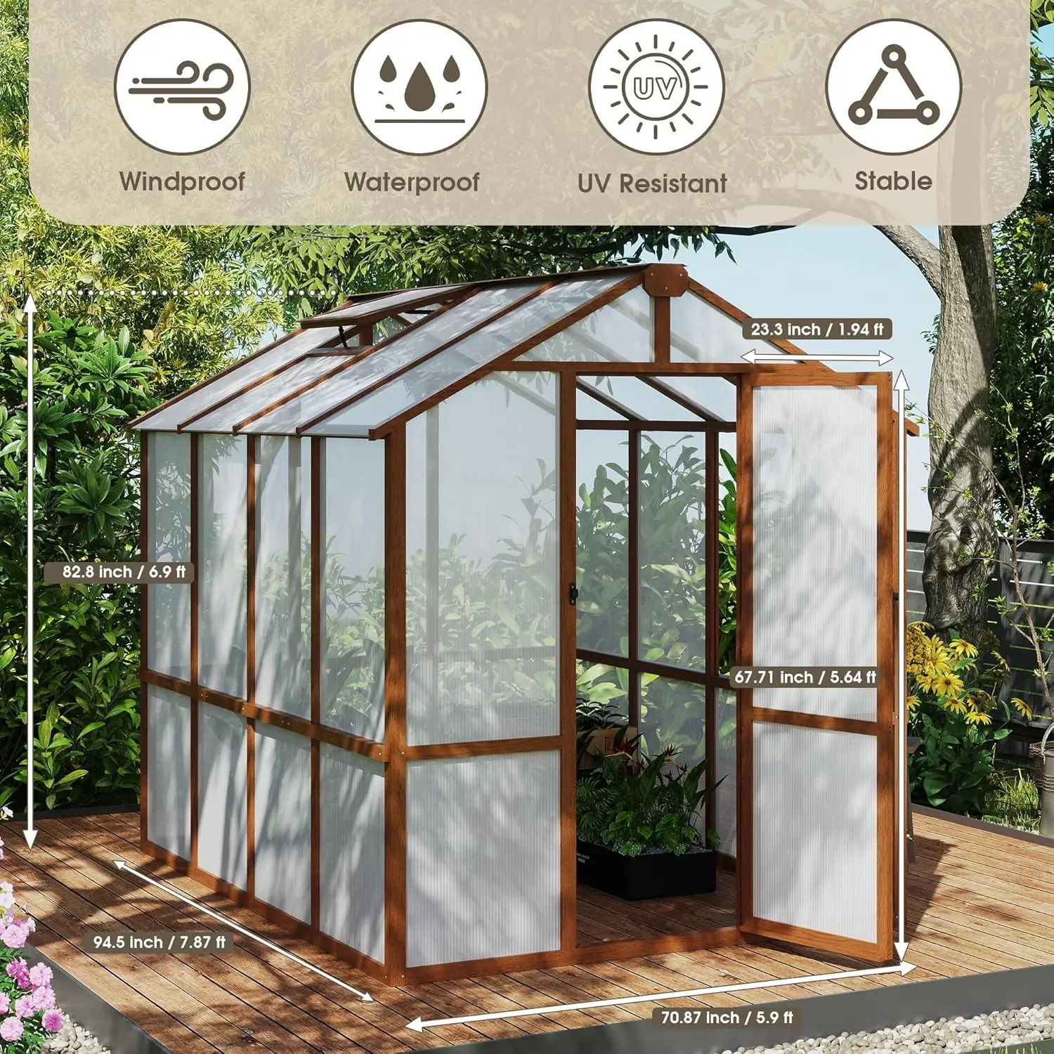 Large Walk in Greenhouse for Outdoors, 6x8 FT Length Heavy Duty Polycarbonate Panel Wooden Frame with Roof Vent &, Customized