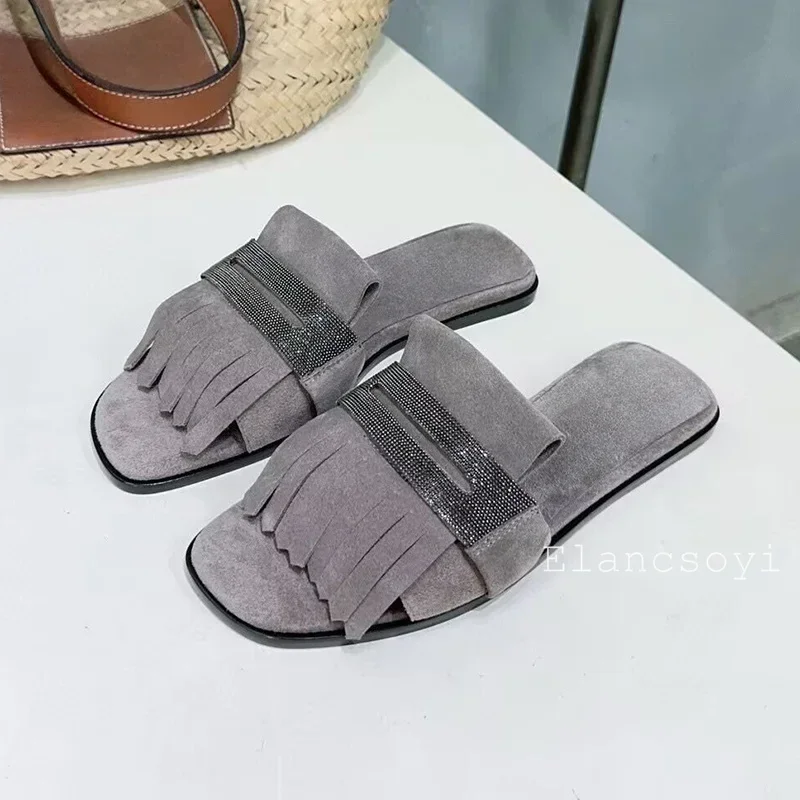 Metal String Bead Decor Kid Suede Tassels Flat Bottom Slippers Women Open Toe Lazy Sandals Ladies Summer Outdoor Vacation Shoes view 4