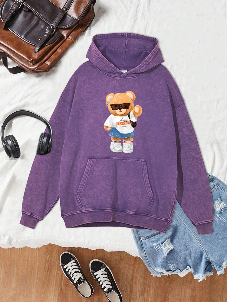 Bear Sister With Simple Sports Style Women Cotton Interesting Print Hoodie Retro Distressed Oversize Tops  O-Neck Washed Hoodies