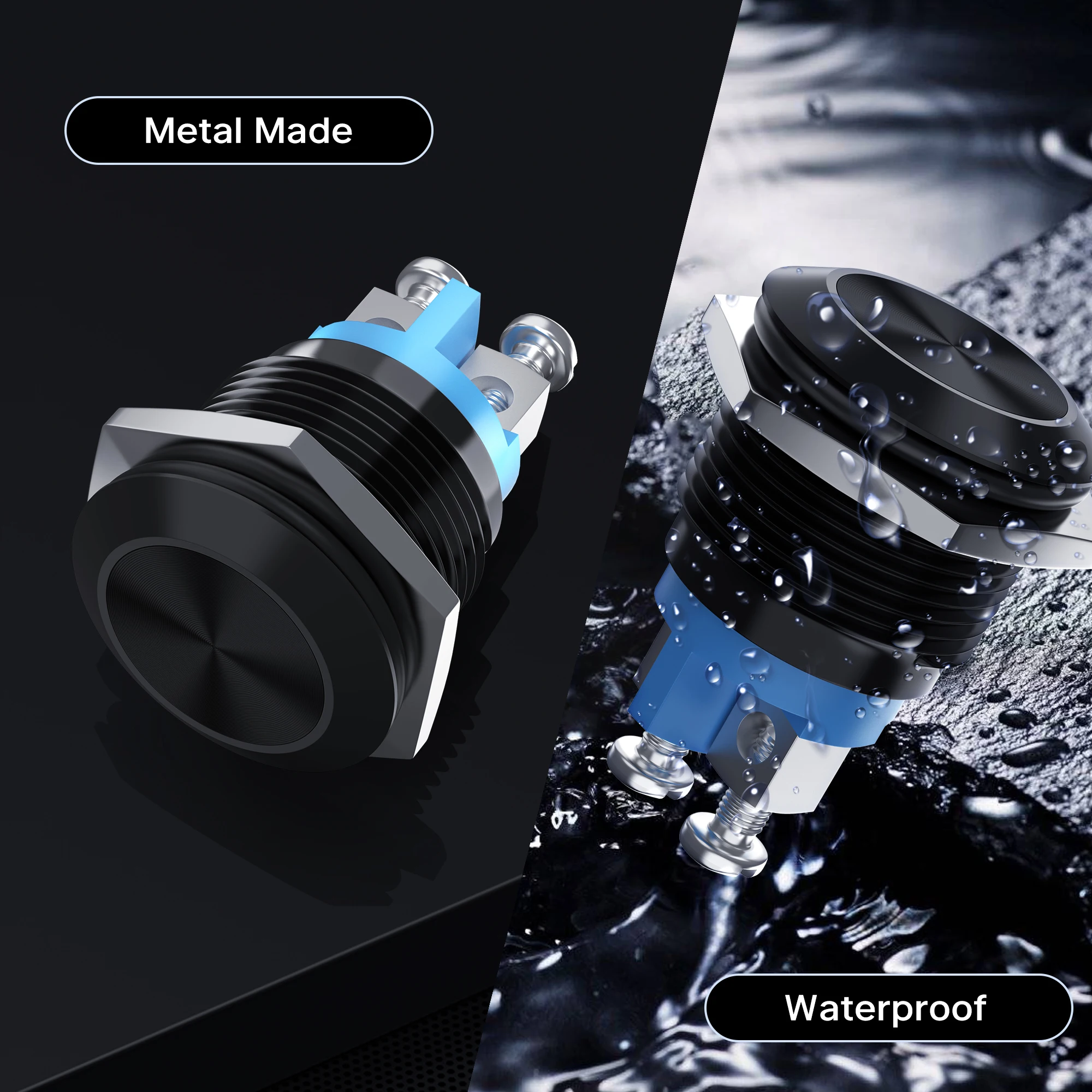 2PCS 16MM Momentary Push Button Switch 12V 5A Screw Terminals Waterproof Black Shell 3A 250V Waterproof Metal Momentary Switch