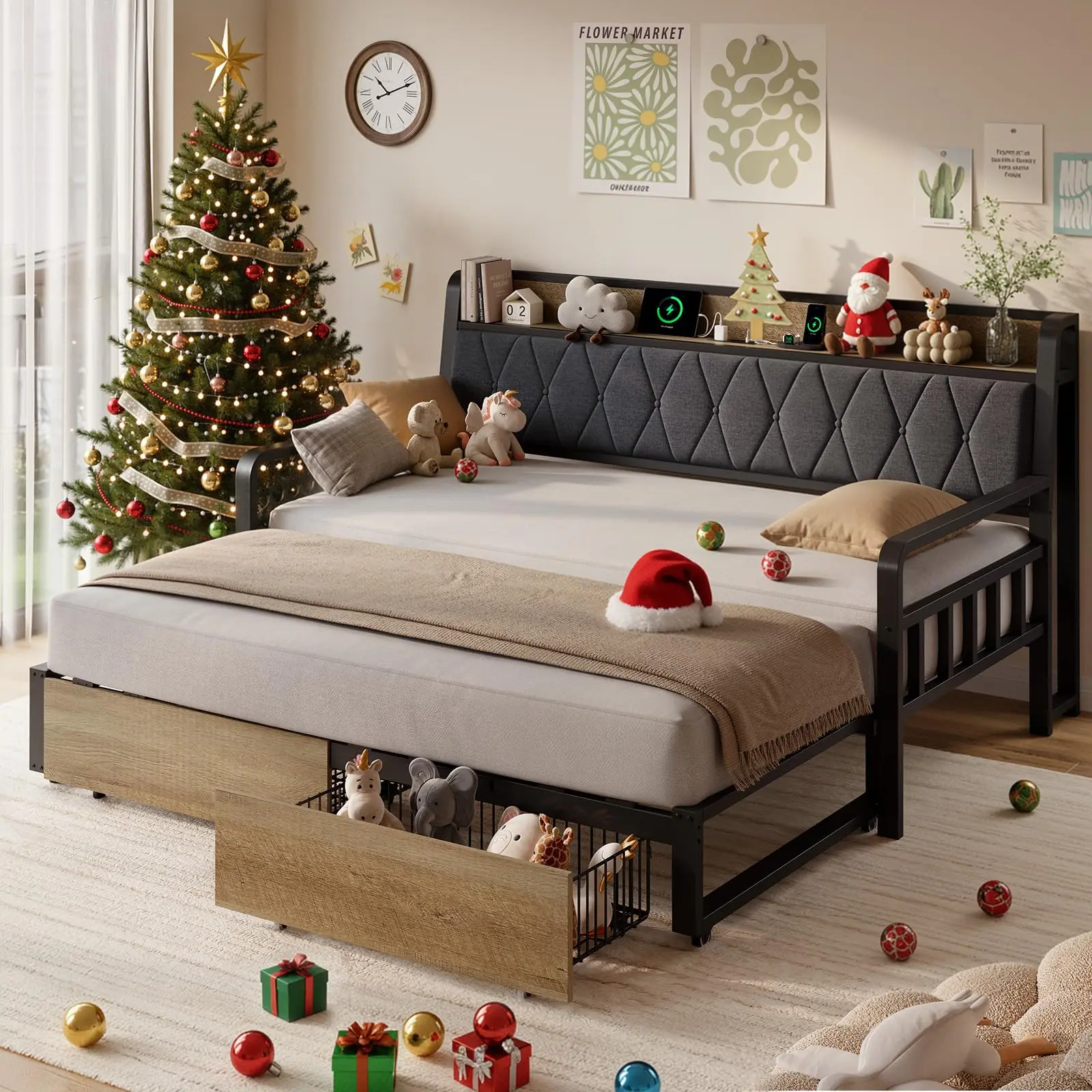 Twin Daybed with Pop up Trundle, Twin to King Daybed, Black