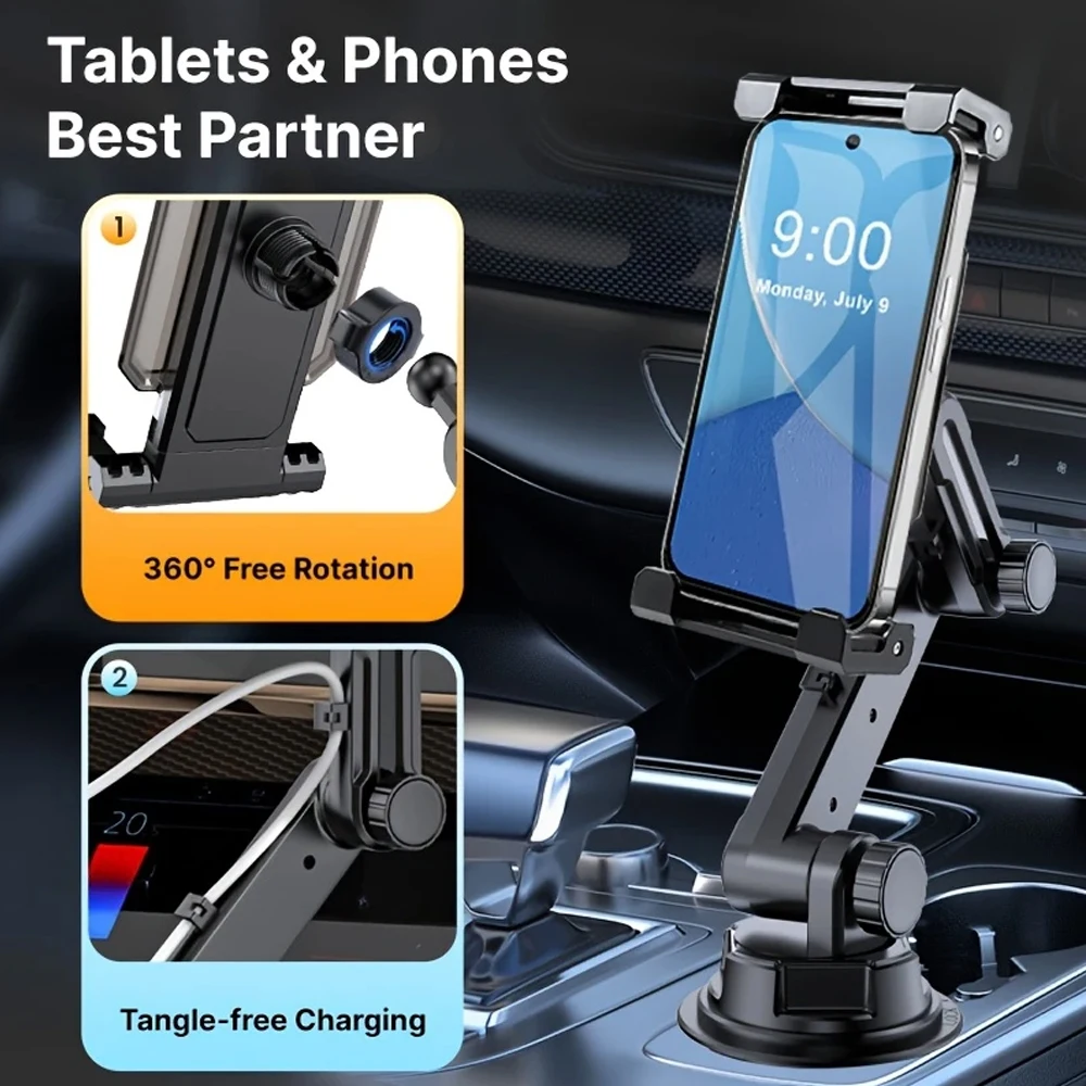 Universeller 360-Auto-Tablet-Ständer, Getränkehalter, Kfz-Halterung mit Kabelbefestigungshalterung für IPad Pro 12.9, Samsung Tab S7 Plus 12.4