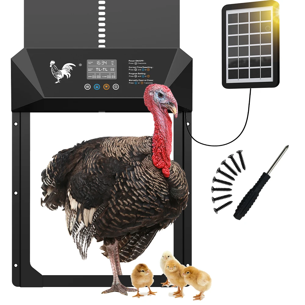 

Solar powered automatic chicken coop door with timer and light sensor, aluminum alloy chicken door with remote control