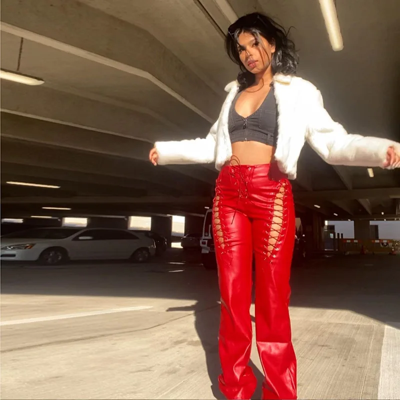 Pantalon en cuir ajouré pour femmes, élégant, Slim Fit, crayon, à lacets, taille haute, épissure, solide, Bandage, Streetwear, poche