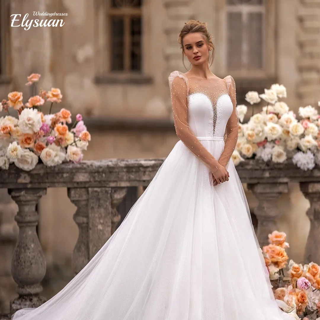 

Customized Charming O Neck Wedding Dress for Women Full Sleeves Illusion with Button A-line Tulle Vestidos