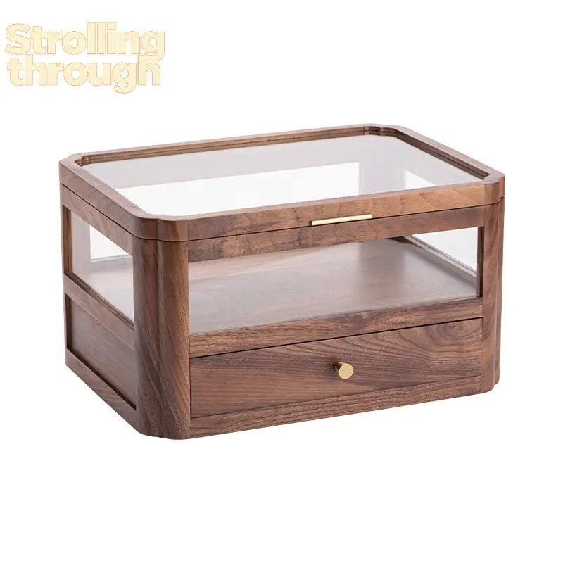 

Black walnut desktop tea set storage box with drawer glass shelf teacup display cabinet tea house small cabinet solid wood