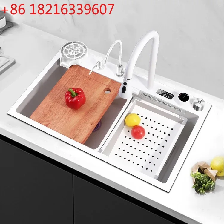 

Кухонная мойка из нержавеющей стали 304 с золотистыми клавишами-кнопками, цифровым дисплеем, большой одинарной чашей и отсеком для овощей