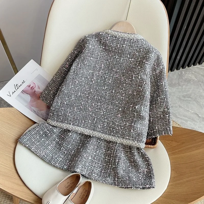 Girls' Coat Spring and Autumn New Fashionable Cardigan for Older Children, Stylish Little Girl's Autumn Outfit Set with Skirt