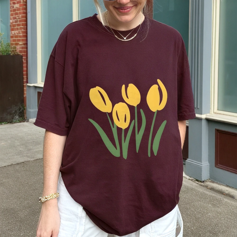 2025 novo amarelo floral y2k oversized camiseta feminina-algodão de alta qualidade verão topo ensolarado solto ajuste estilo y2k roupas femininas