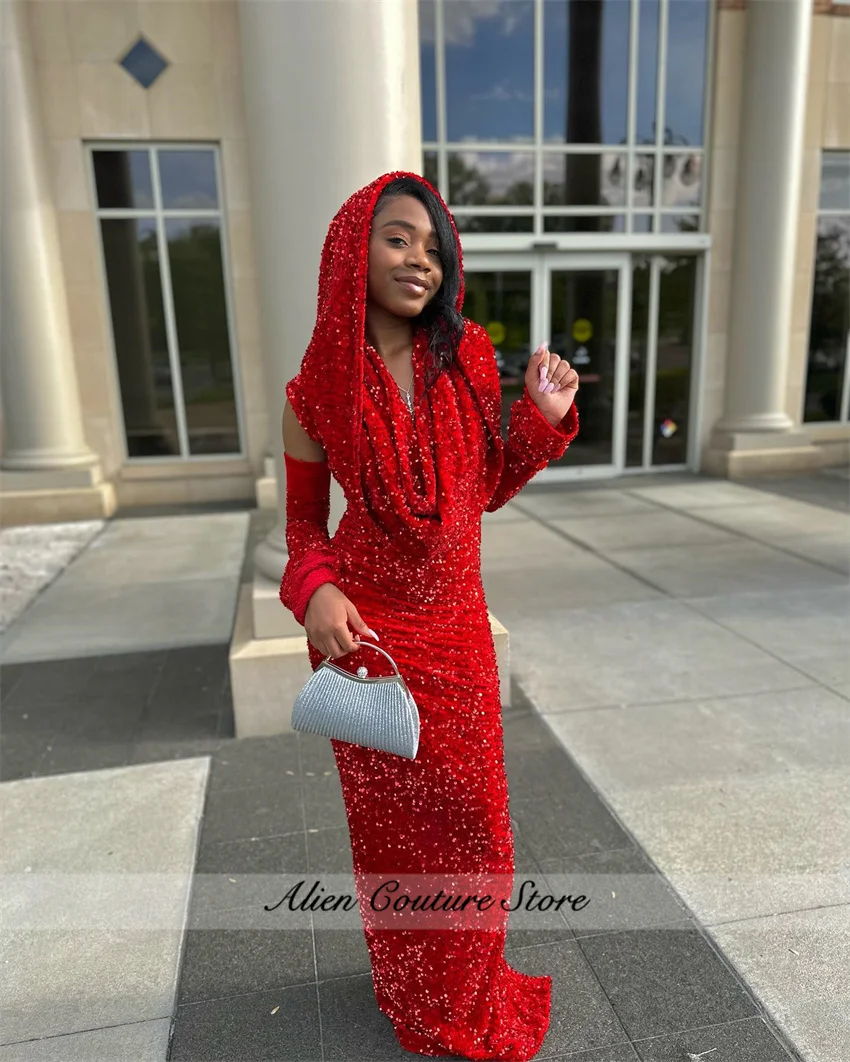 Abiti da ballo rossi Glitter 2025 con mantello due guanti con scollo a v paillettes abito da festa formale festa di ricevimento di nozze personalizzata