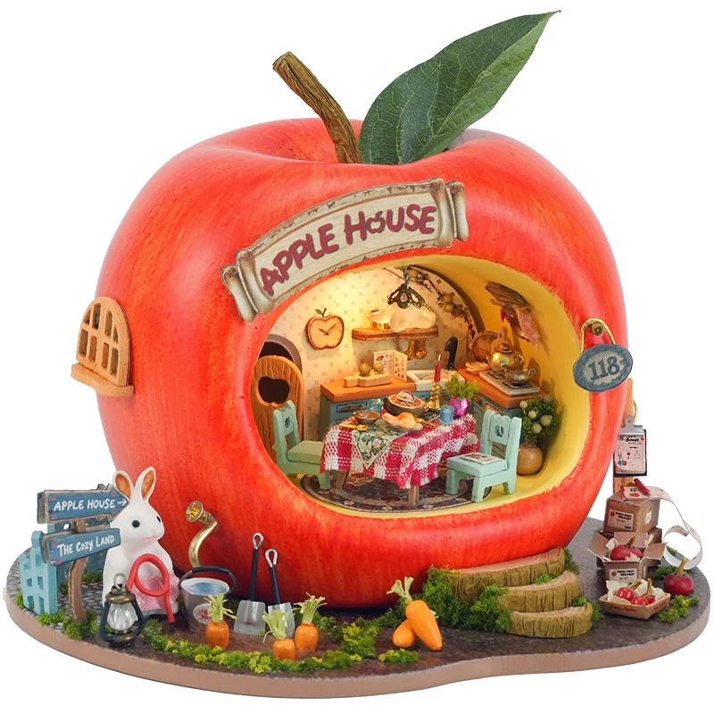 ชุดโมเดลไม้ DIY บ้านกระต่ายน้อยแอปเปิ้ล 3 มิติ ตัวต่อจิ๊กซอว์ พร้อมเฟอร์นิเจอร์และไฟ สำหรับเป็นของขวัญวันเกิดให้เพื่อน