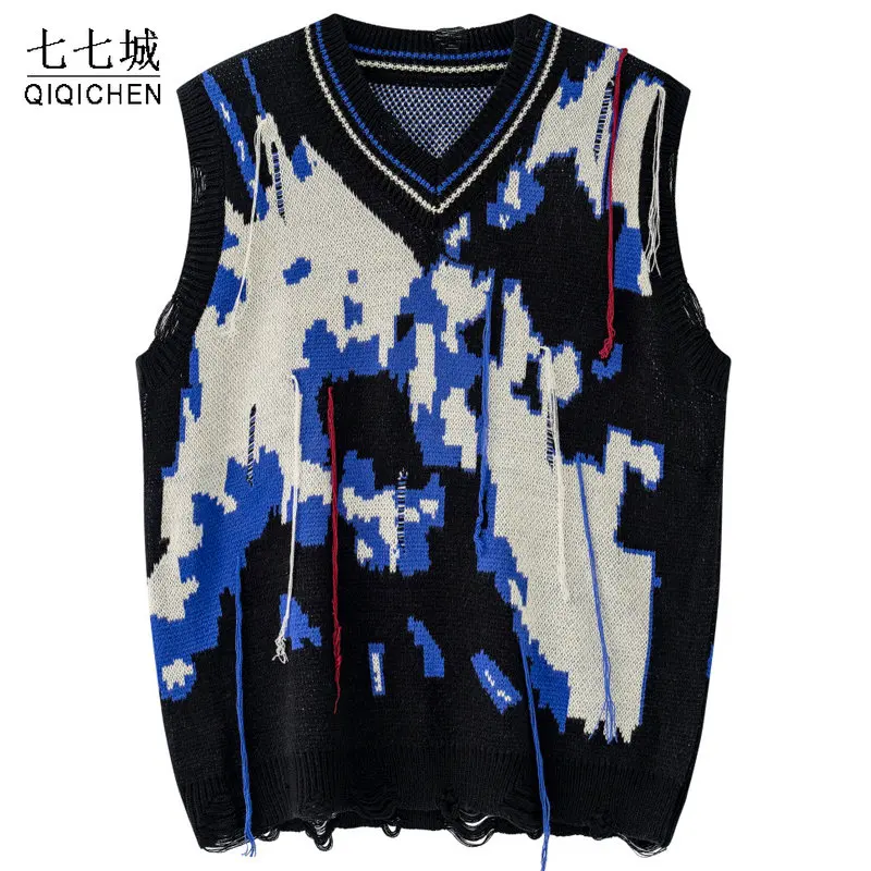 Harajuku Tattered Fringed Sweater Vest Men Women's Y2k Vintage Oversized Knitted Ugly Sleeveless Sweater Black Pullover Spring