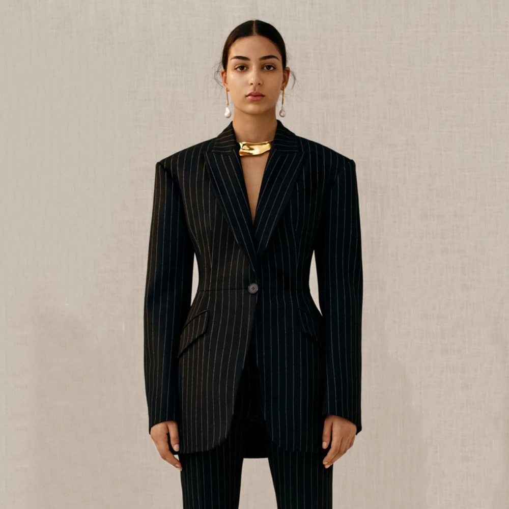 

Black Stripes Women Suit 2 Pieces Jacket Pants Sets One-Button Peak Lapel Female Daily Clothing Office Lady Slim Fit Blazer Sets
