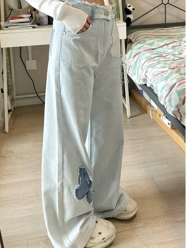 

Jeans For Women High Waist Baggy Y2K Streetwear Vintage Blue Wide Leg Oversize Loose Cut Gothic Korean Style Aesthetic Trendy