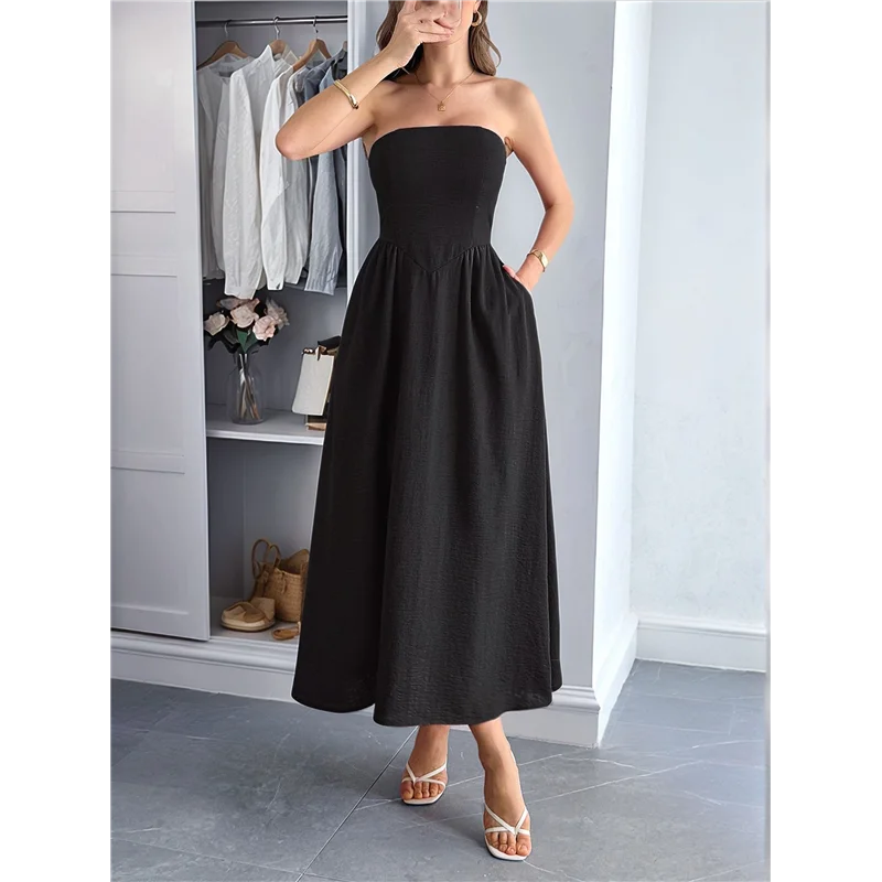 ABRT - Damska Sukienka Maxi Bez Ramiączek typu Tube, Luźna, Długa Sukienka Letnia Bez Rękawów w Stylu Boho na Plażę z Kieszeniami