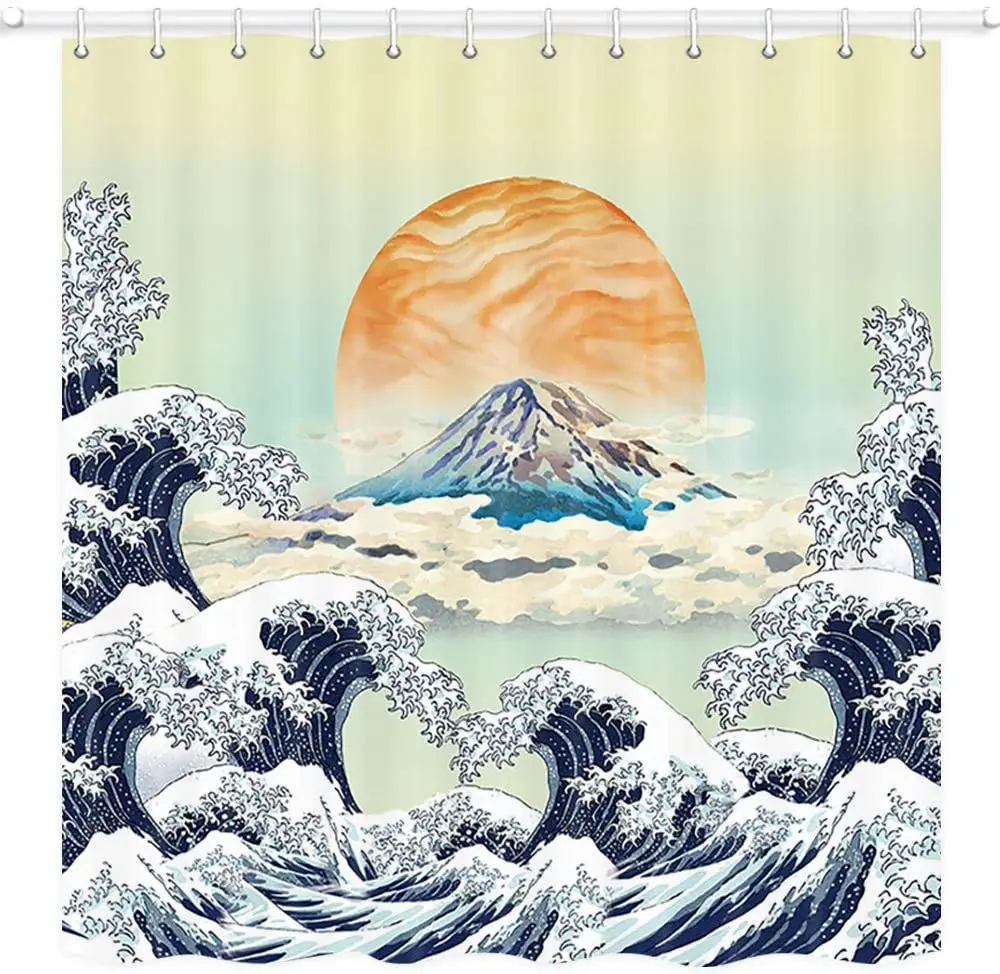 Japan Art Shower Curtain Ocean Wave Mount Fuji Sunset Red Sun Japanese Fabric Set with Hooks Bathroom Waterproof Bath Curtains