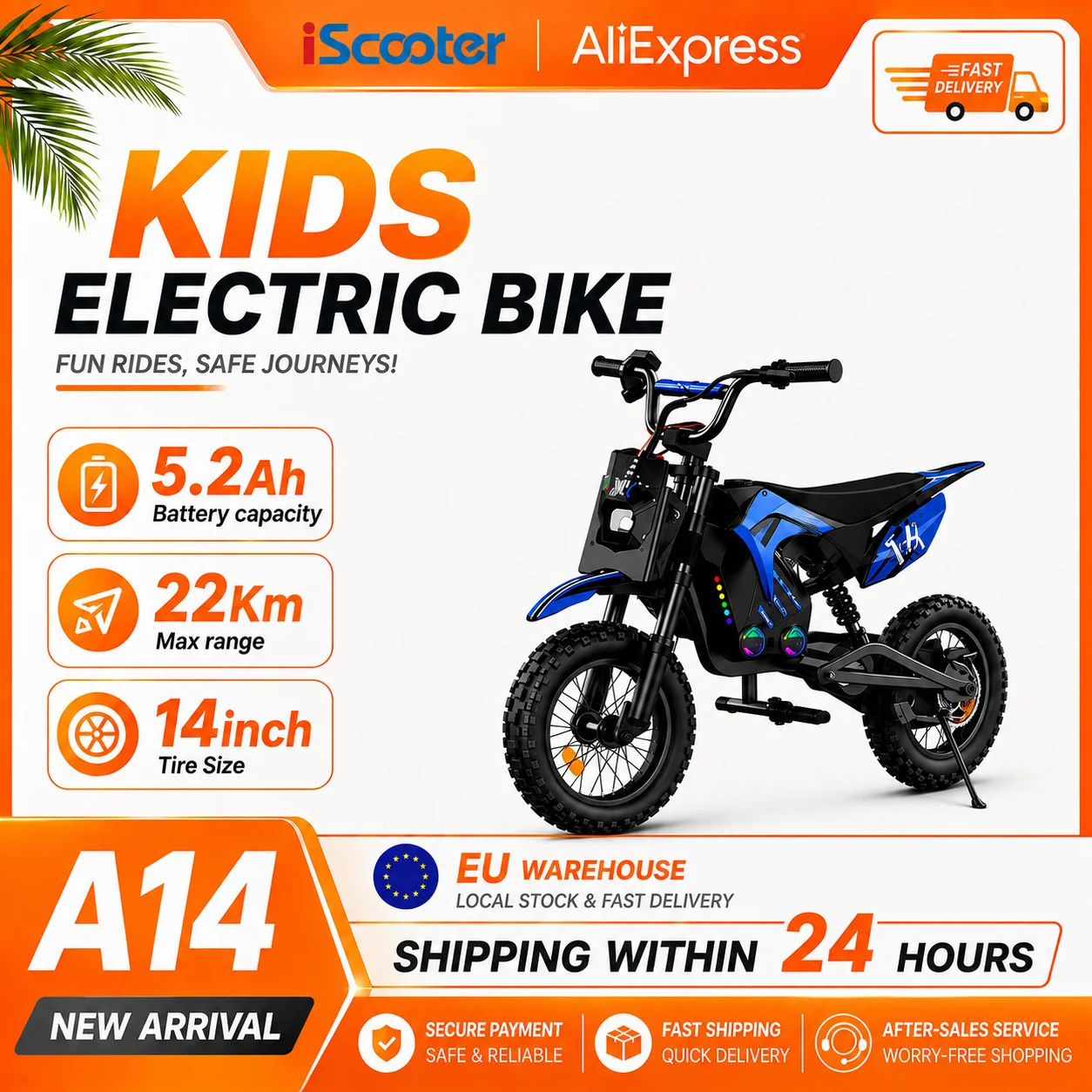 Moto Elettrica per Bambini A14, Motore 500W, Batteria 36V5.2Ah, Autonomia 22km, 3 Velocità (8/13/27km/h), Trazione Posteriore, Ammortizzatori per Guida all'Aperto