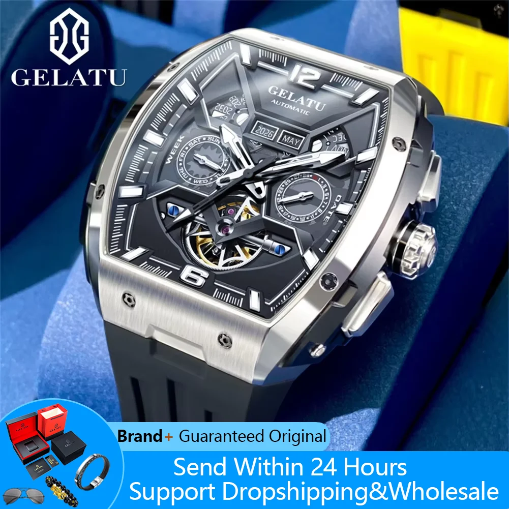 

GELATU 6013 Watch For Men Original Fashion Big Dial Hollow Automatic Wristwatch Silicone Strap Deep Waterproof Mechanical Watch
