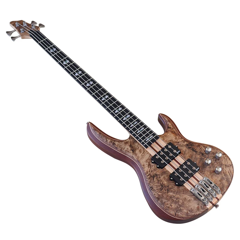 Tree Burl Top 4 String Acitve Electric Bass Guitar 43 Inch Neck Through Sapele Wood Body 24 Frets