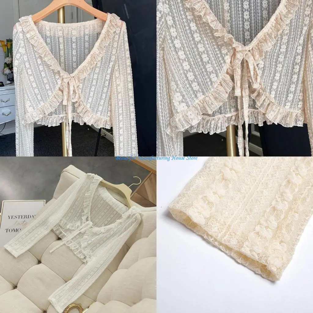 

E56A Women Long Sleeve Floral Lace Crop Cardigan Tie Front Sunscreen Shrug