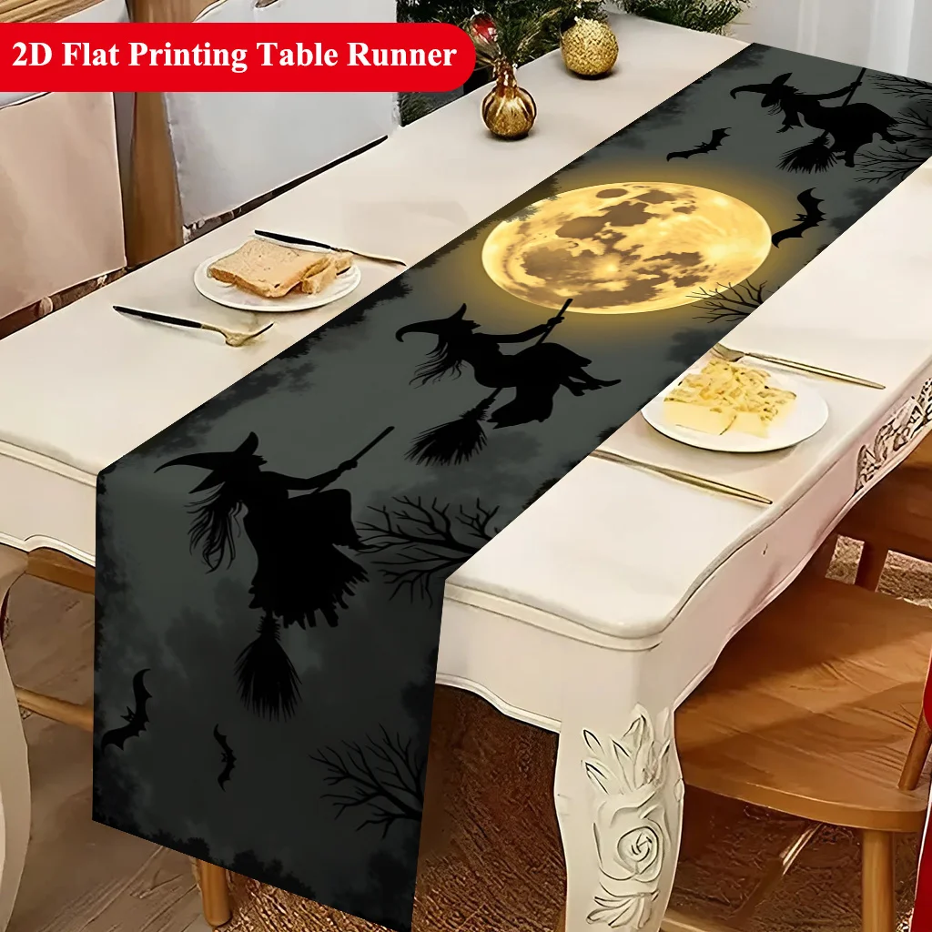 Vibrant Witch Flying Full Moon Table Runner - Spooky Gothic Halloween Motif Decoration for Holiday Kitchen Dining Home Party