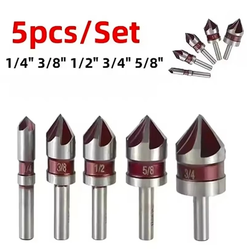 

HSS 5 Flute Countersink Drill Bit Set 1/4'' Hex Shank 82 Degree Taper Wood Metal Hole Cutter Deburring Chamfering Trimmer Tools