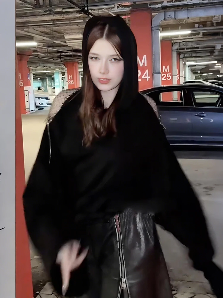 Jersey con capucha sin espalda para mujer con cremallera de malla diseño de retazos de manga completa de calle alta moda Casual estilo Simple clásico Tops