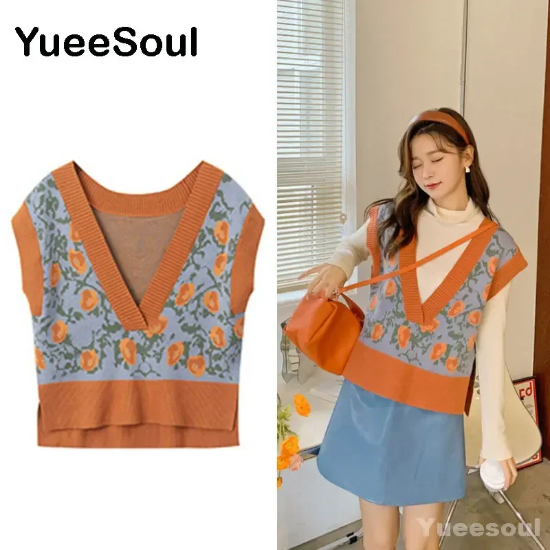 Y2K Aesthetic Vintage Sweater Vest 2023 New Loose Knitted Female Waistcoat Printed Sleeveless Loose Casual Oversized Tops