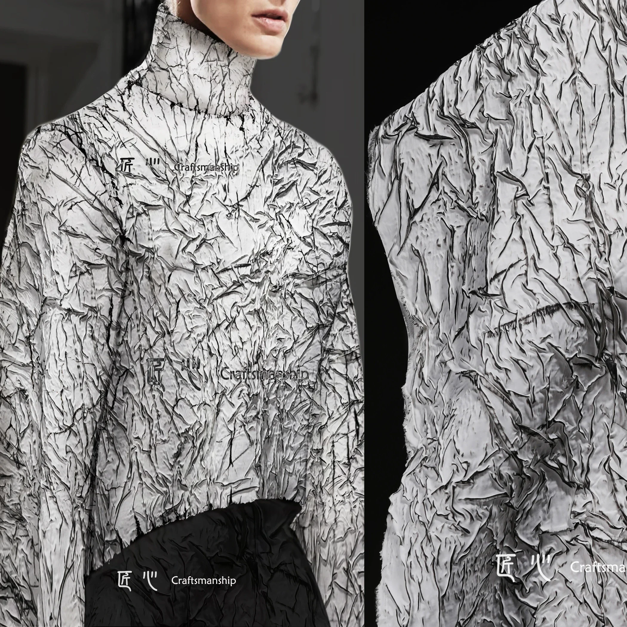 White Paint Black Line Rubbing Color Texture Embossed Fabric Bumpy Crack Creative Jacket Dress Clothing Designer Fabric