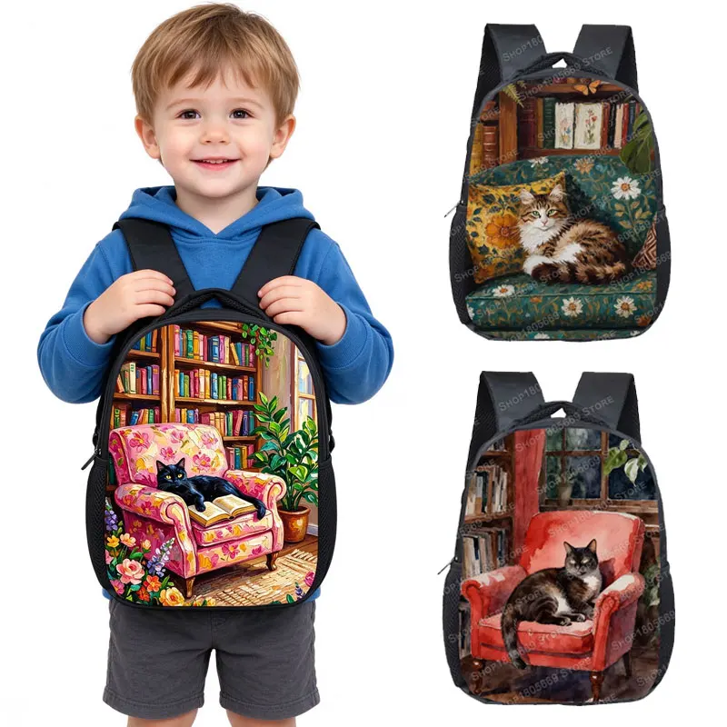 12 Inch Cat Book Reading Painting Kids Backpack for Toddler 2-4 Years Cute Animal Kindergarten School Bag Children Rucksack Gift
