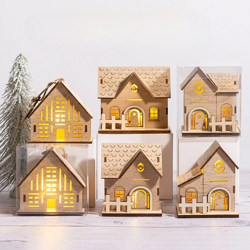 Christmas Wooden Atmosphere Luminous Small Wooden House Decorations Home Furnishings Holiday Wooden Handicraft Decorations