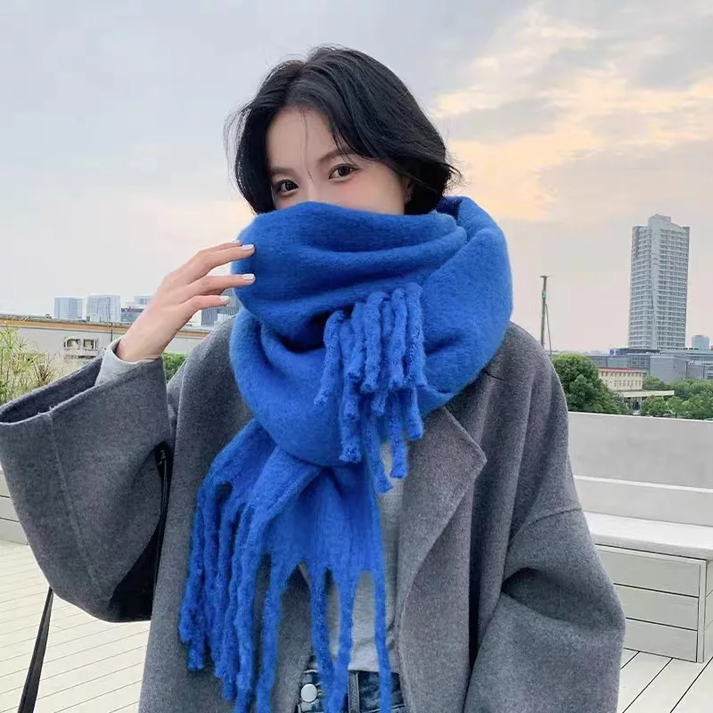 Simple Solid Color Scarf Winter Thickened Warm Scarf Women Men Woolen Knitted Scarf Fashionable Korean Versatile Neckerchief